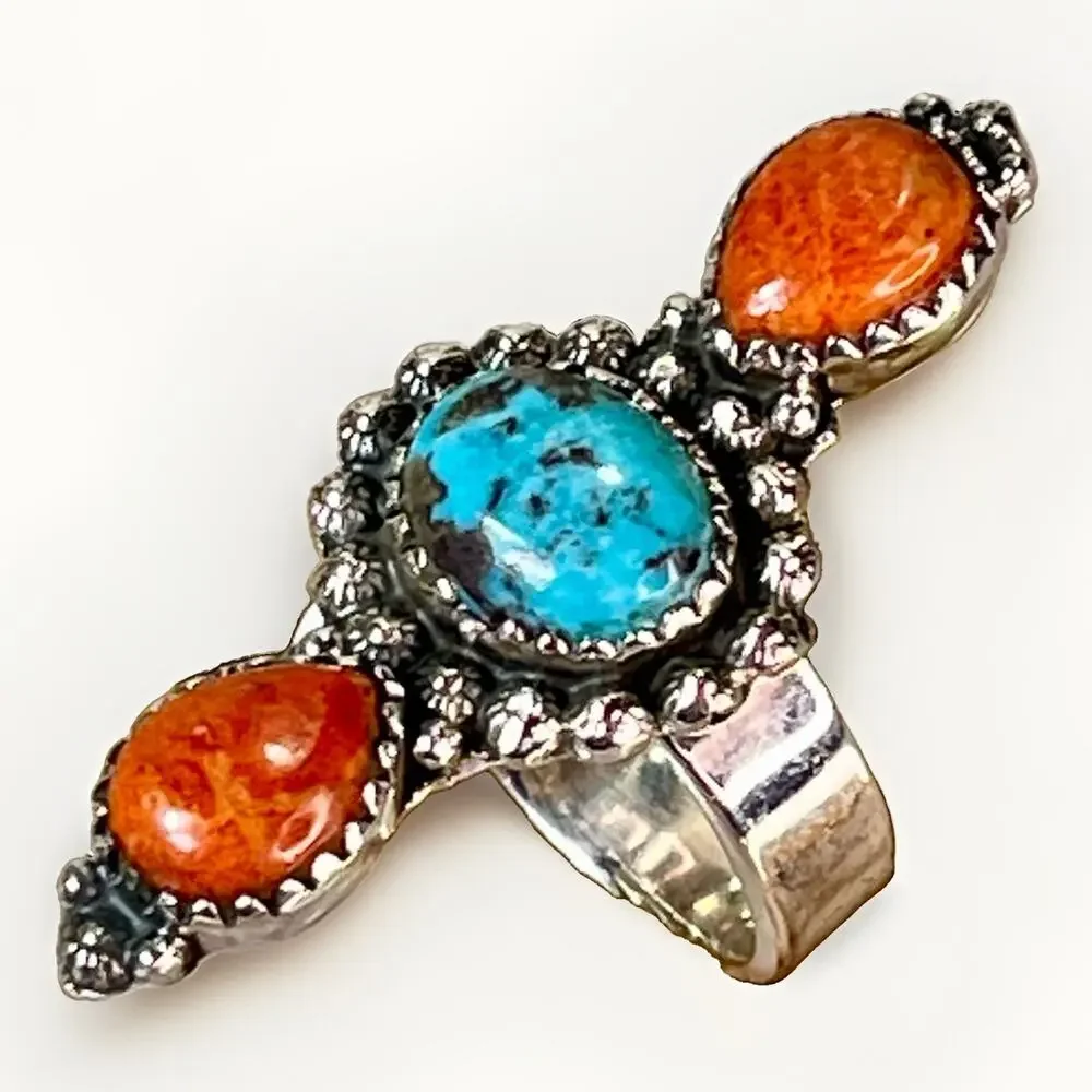 Sterling Silver Spiny Oyster Kingman Turquoise Cluster Statement Ring Adjust Sz